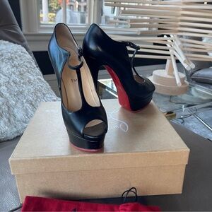 Christian Louboutin Black Leather Peep Toe Heels with Red Soles